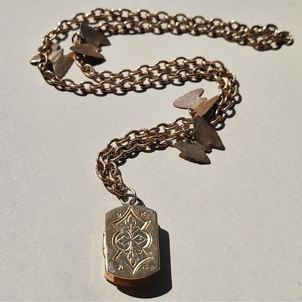 Vintage Gold Tone Etched Book Locket Necklace Butterfly Accents Gold Rectangular